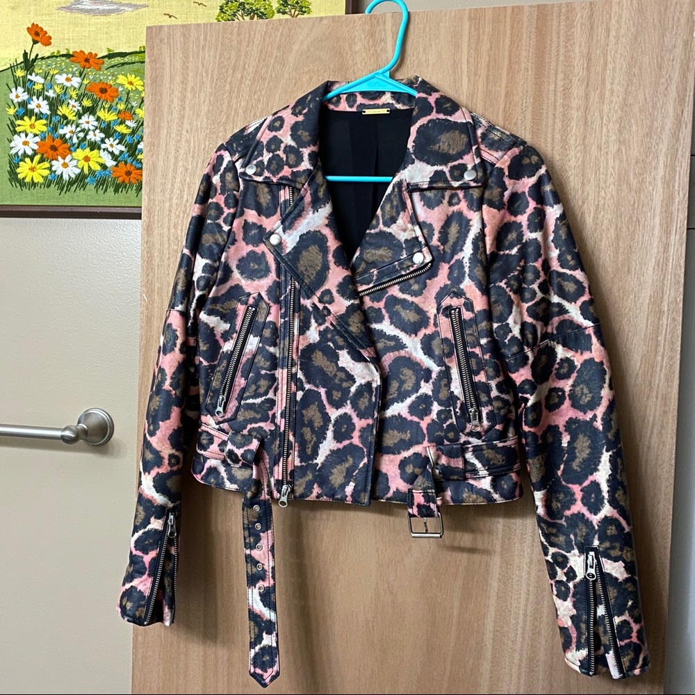 Rebecca minkoff pink leopard leather jacket